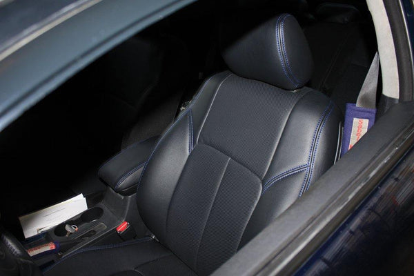 Clazzio Genuine Leather Custom Seat Covers for 2009-2012 Nissan 370Z - Black with Blue Stitching - Premium Seat Covers