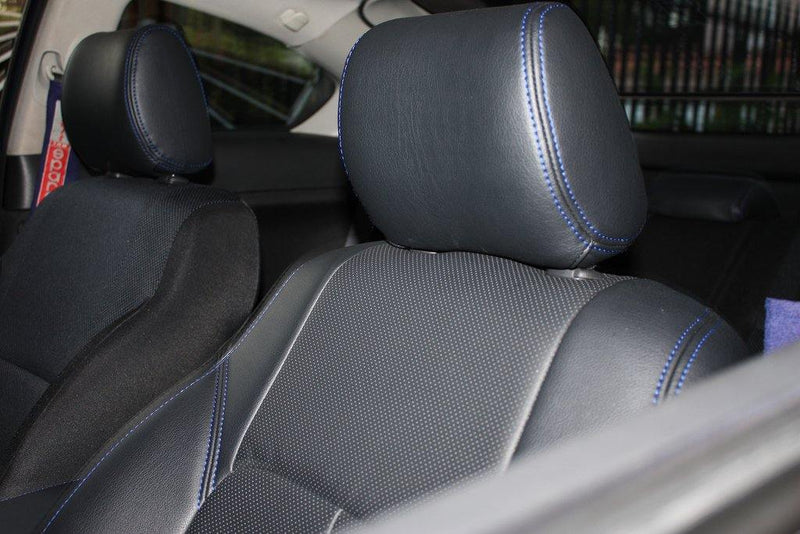 Clazzio Genuine Leather Custom Seat Covers for 2009-2012 Nissan 370Z - Black with Blue Stitching - Premium Seat Covers